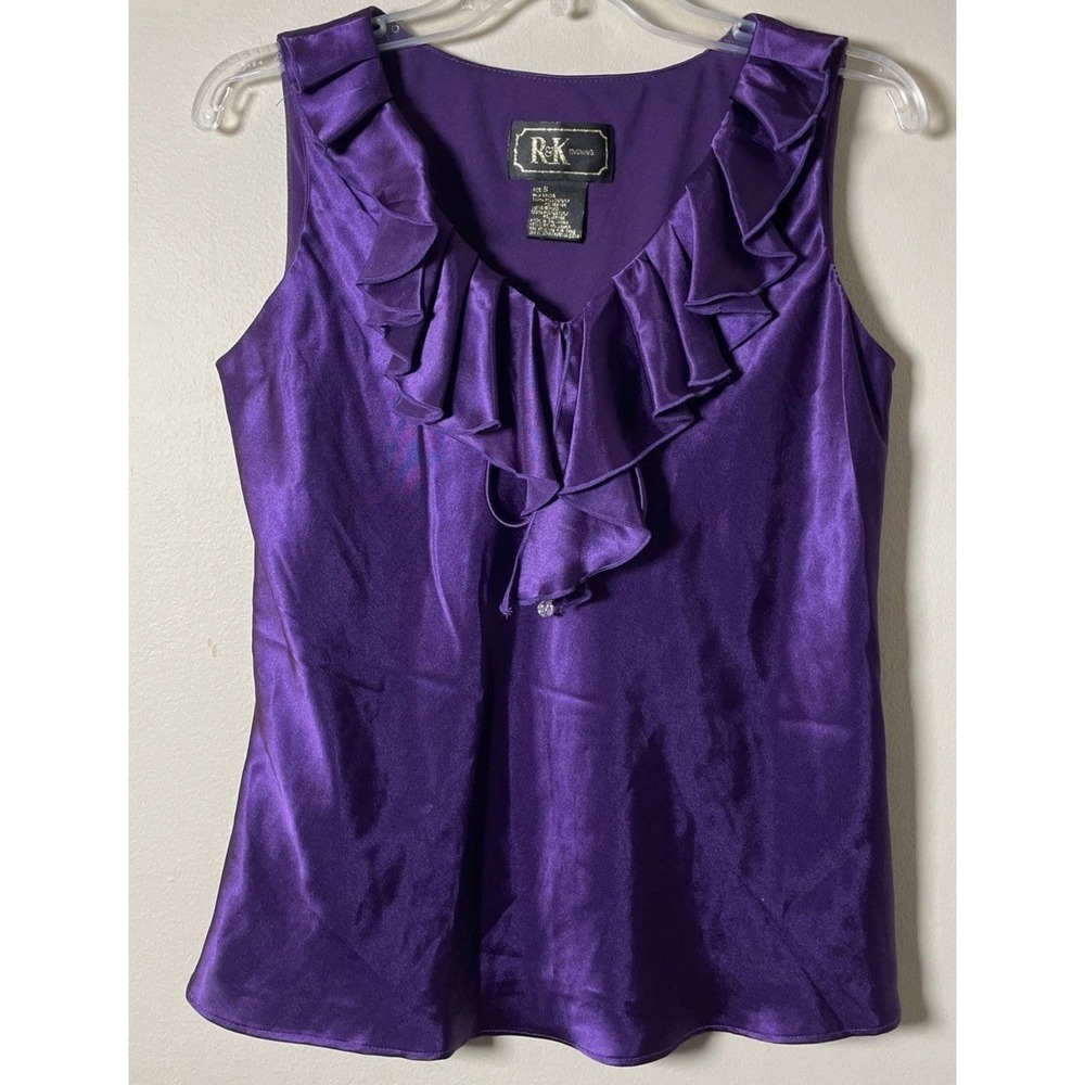 R&K Evening Purple Satin Ruffle V-Neck Sleeveless Blouse Top Small Jewel Tie